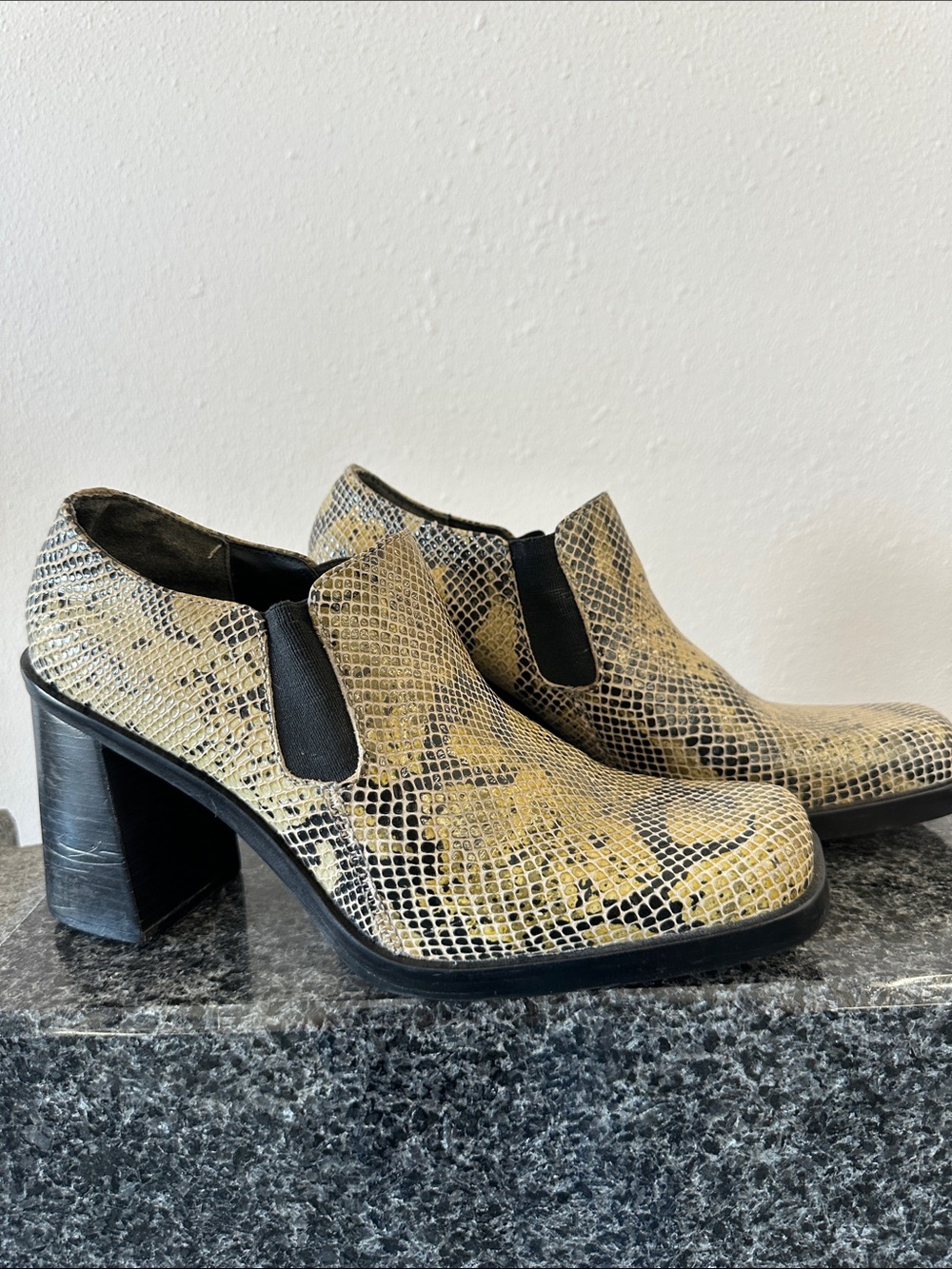 90s MIA genuine Snakeskin Block Heel Loafers square toe